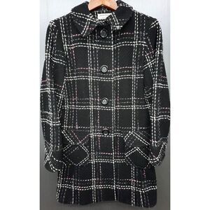Vtg Jonathan Michael Coat S/M Black Wool Blend Tweed Plaid Lined Button Coat USA